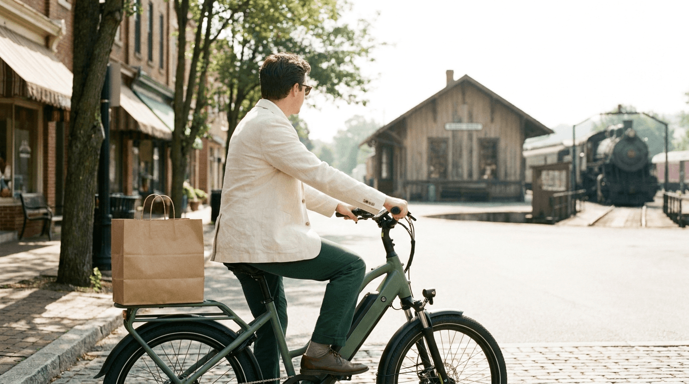 An Eats Delivery Driver on a green electric cargo bike with a kraft-paper food bag on the rear rack, paused on Main Street in Frostburg in front of the railroad depot and a steam locomotive